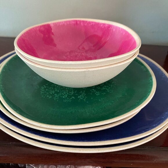 Anthropologie DAKOTA Melamine 6pc Blue Green Pink Plates & Bowls Set - NEW - Picture 2 of 3